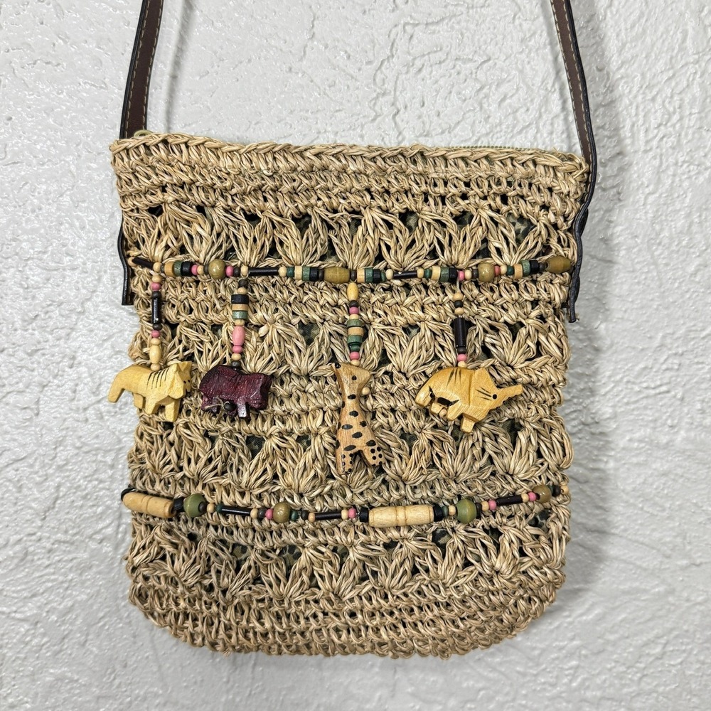 Vtg Cappelli Straworld Crossbody Bag Wooden Safari Animals Woven Straw Boho Bead